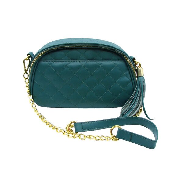 Joy & Iman Leather Quilted Jade Green Crossbody Shoulder Bag Gold Chain & Tassel - Picture 2 of 15